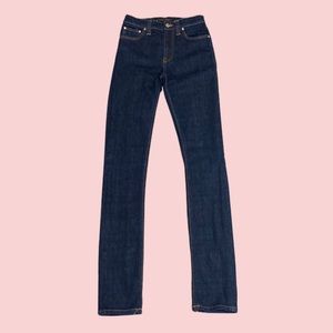 NUDIE JEANS CO HIGH KAI RINSED HIGH WAISTED SKINNY JEANS IN DARK BLUE SZ W26 L34